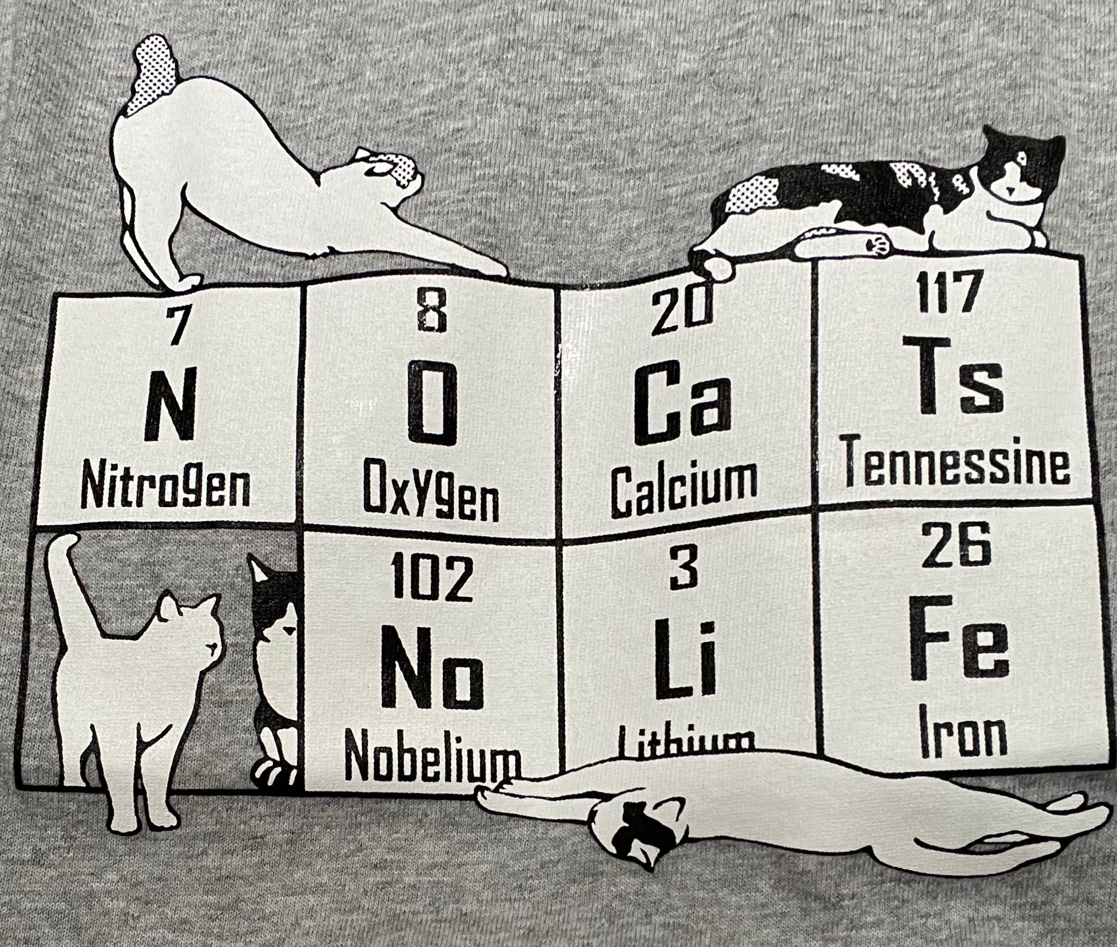 Cats on a periodic table. Elements spell out “no cats no life”