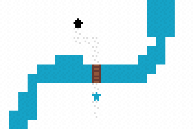 Cyan coloured person is crossing a bridge to get to a house