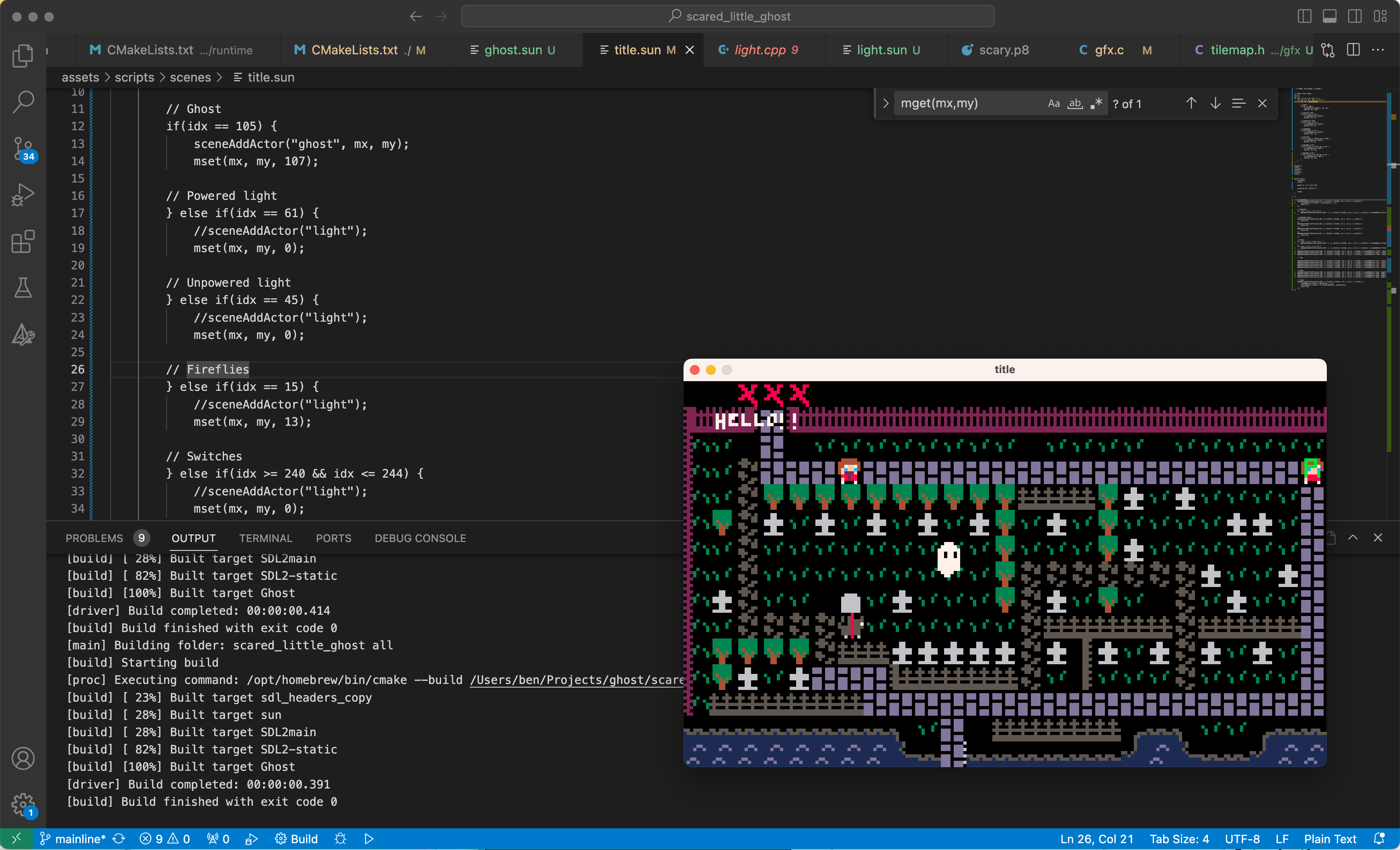 In-development screenshot of a pixel-art ghost game over a background of the code in the VSCode Editor
